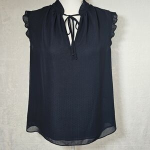 H&M Navy Sleeveless Blouse Split V-Neck Pleated Ruffle Sheer Polka Dot Size 10